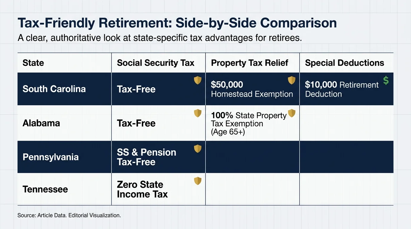 A data table comparing tax benefits like Social Security exemptions and property tax relief across the featured retirement cities.