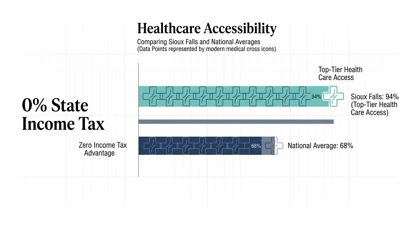 A data visualization showing Sioux Falls' 0% state income tax and superior healthcare rankings.