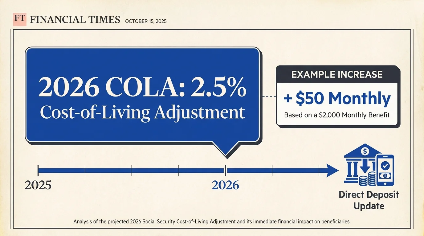 A data visualization showing the 2.5% Social Security COLA increase for 2026 and the resulting $50 monthly gain.