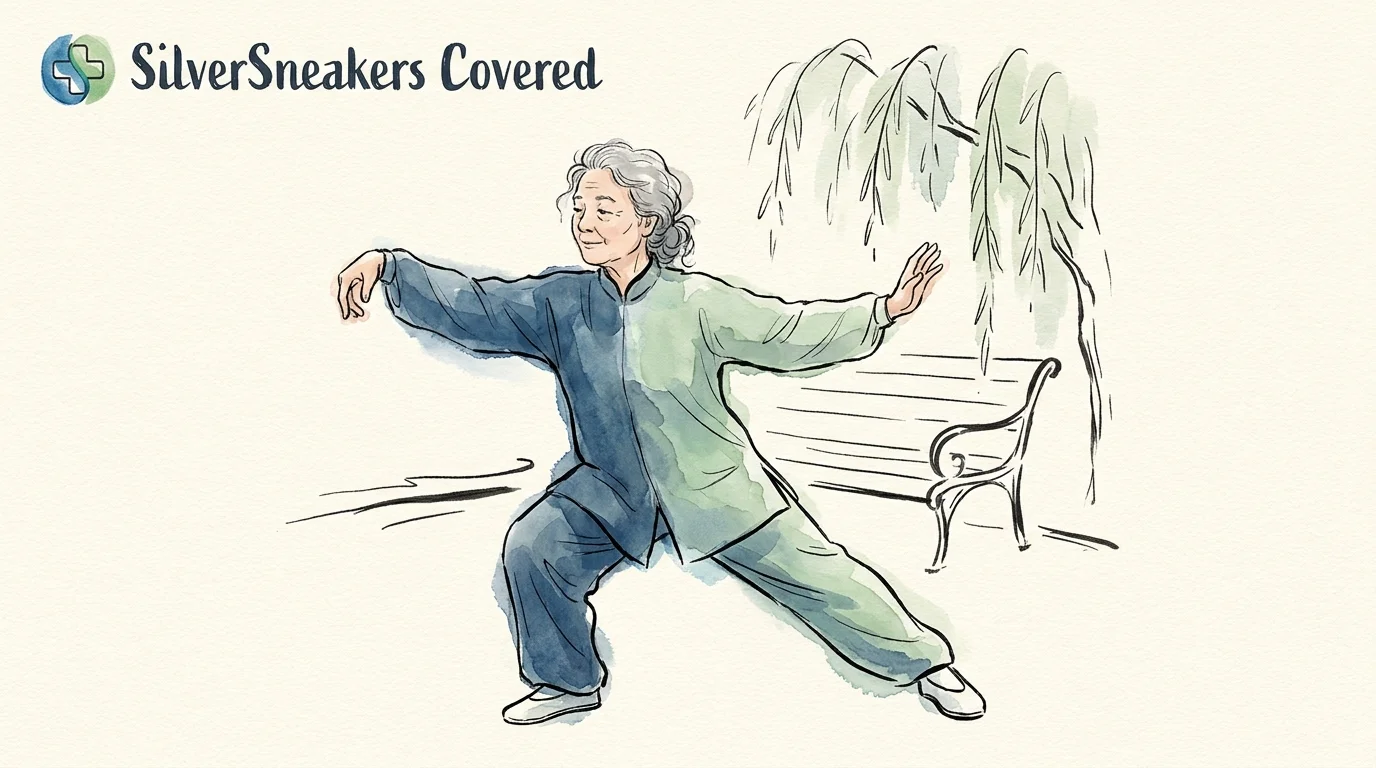 A delicate ink and watercolor illustration of a senior man practicing Tai Chi with fluid, graceful movements.