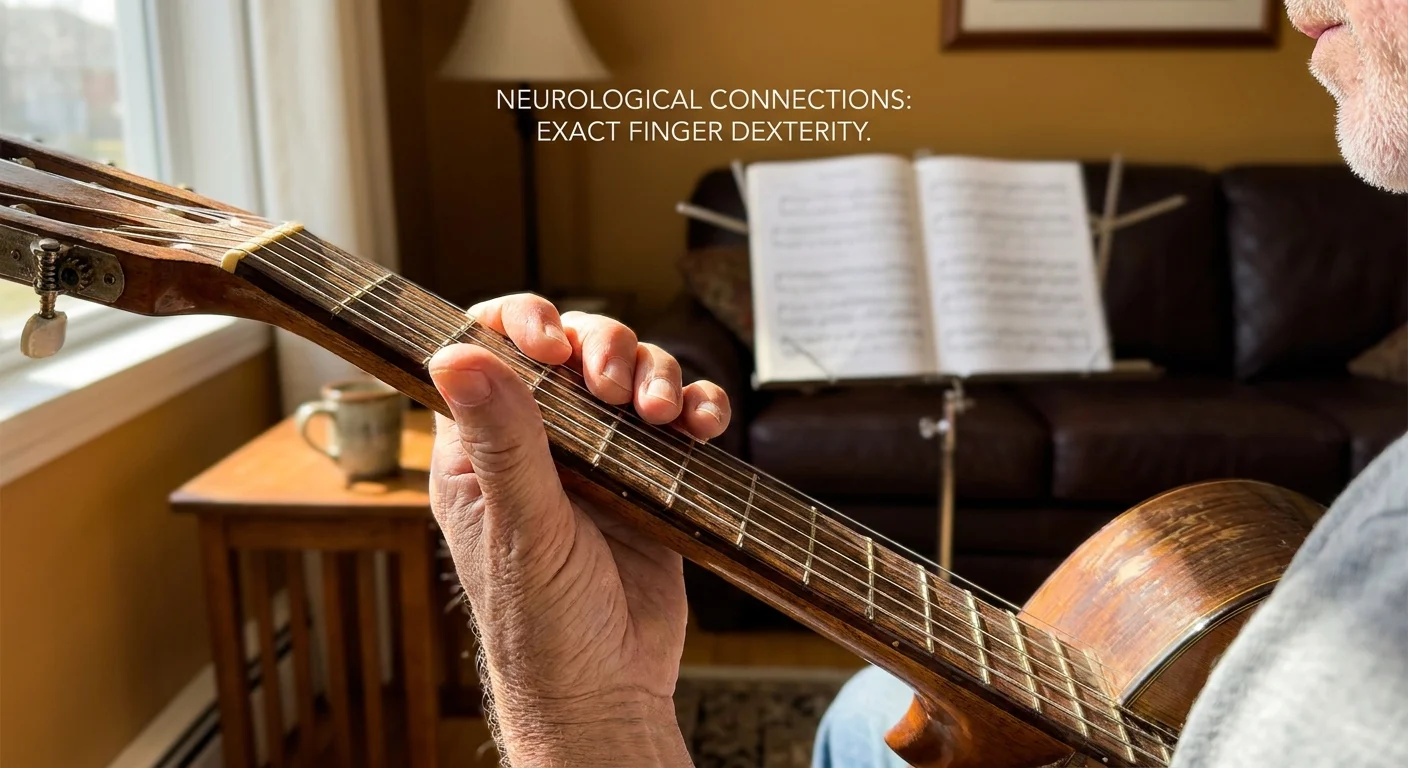 A detailed close-up of an older man's hands playing the strings of a classical guitar in a sunlit room.
