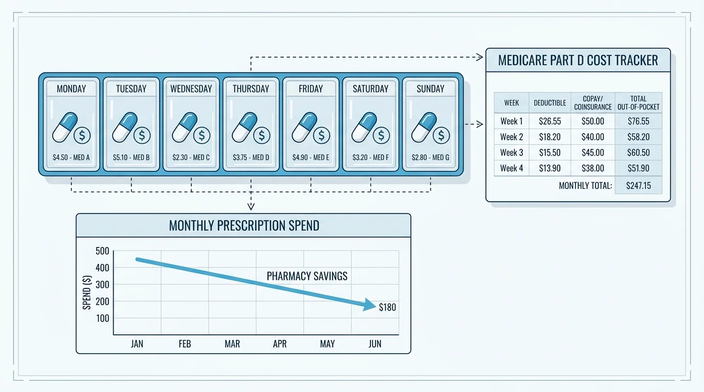 A diagram showing a weekly pill organizer labeled with Medicare Part D cost-tracking information.