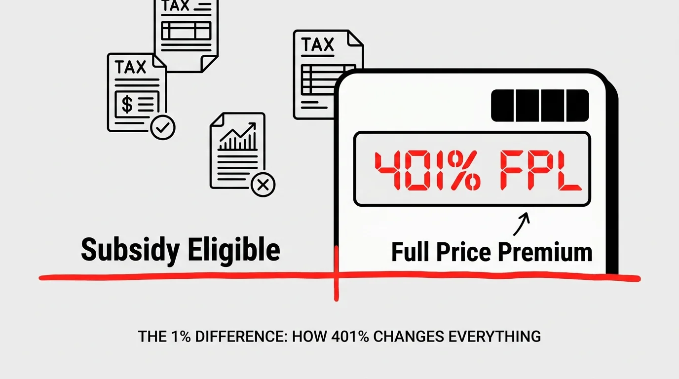 A diagram showing how exceeding the income limit by even 1% can result in losing all ACA subsidies.