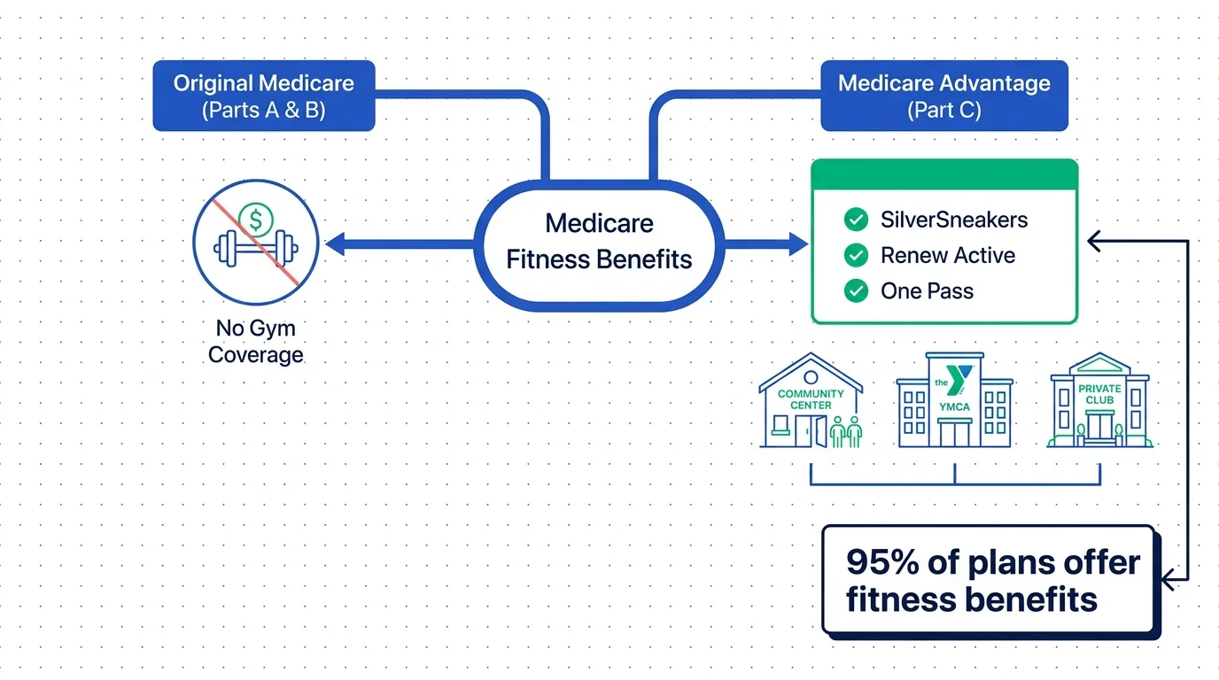 A diagram showing how Medicare Advantage (Part C) provides access to programs like SilverSneakers and YMCA pools.