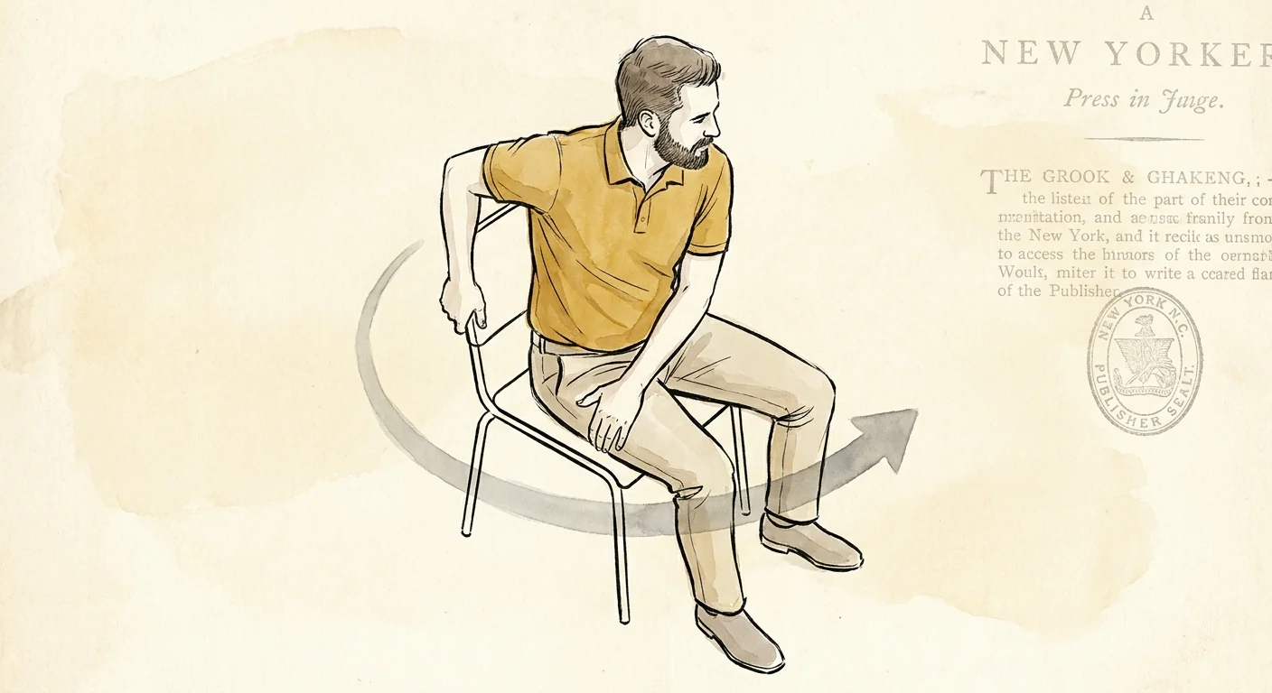 A drawing of a man twisting his upper body to the side while seated, using the chair for support.