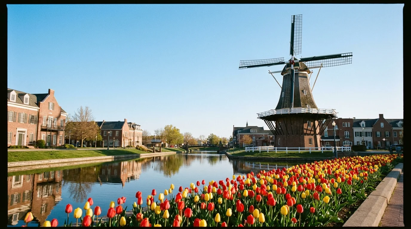 A Dutch windmill and colorful tulips reflected in the Molengracht canal in Pella, Iowa.
