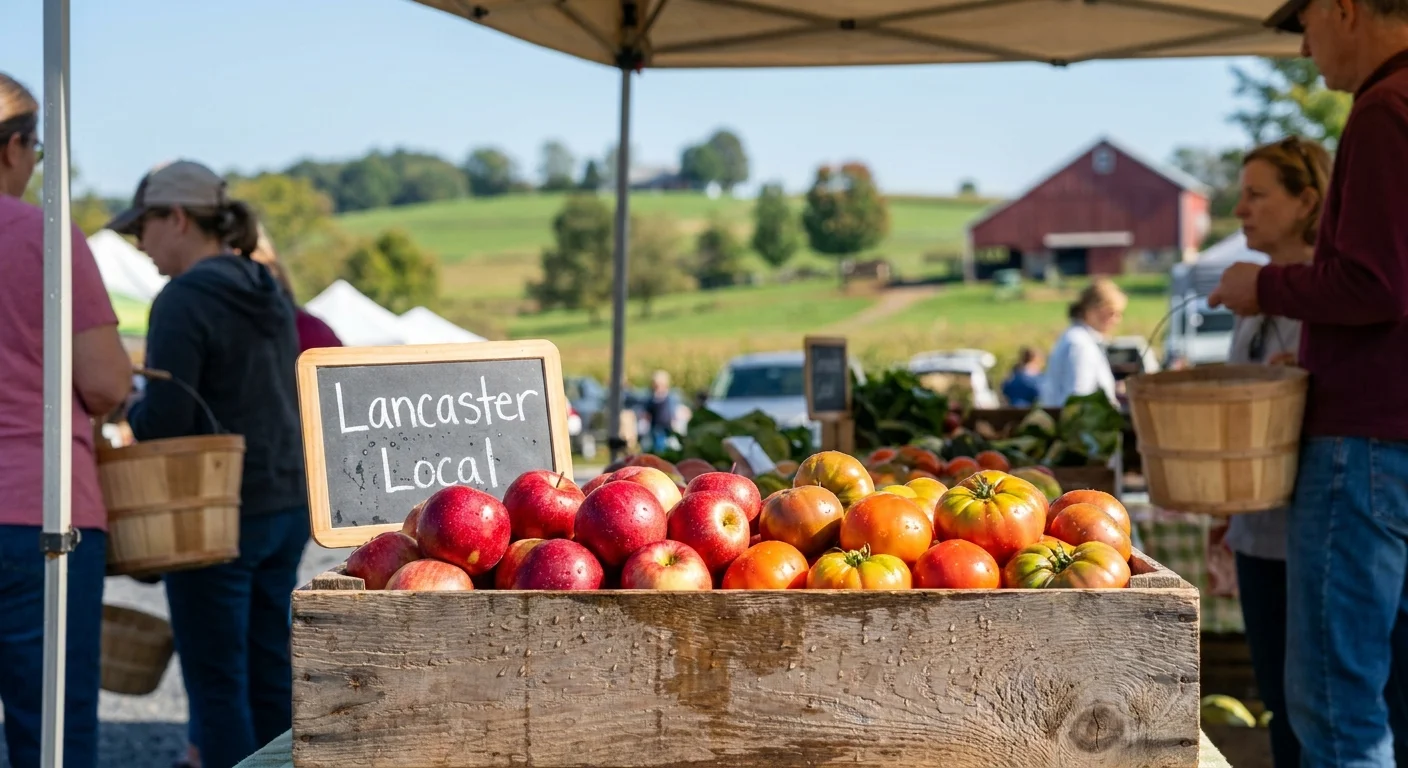 A farmers' market crate filled with fresh produce in Lancaster, Pennsylvania, with rolling hills in the background.