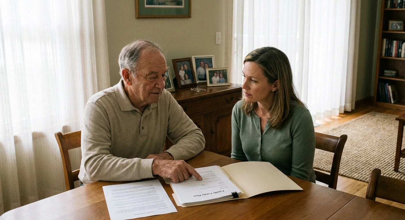 A father and daughter having a calm conversation over estate planning documents in a home setting.
