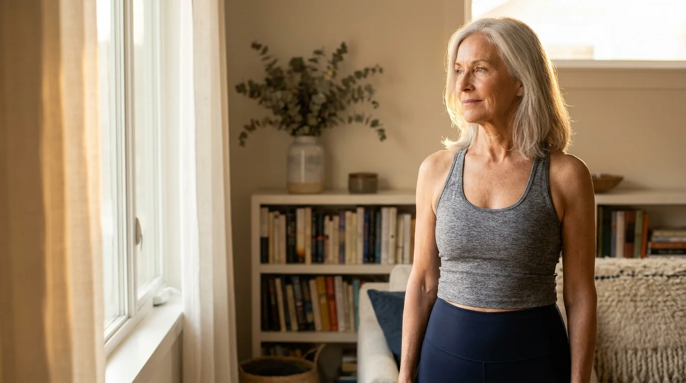 A fit senior woman stands confidently in a sunlit living room, embodying health and independence.