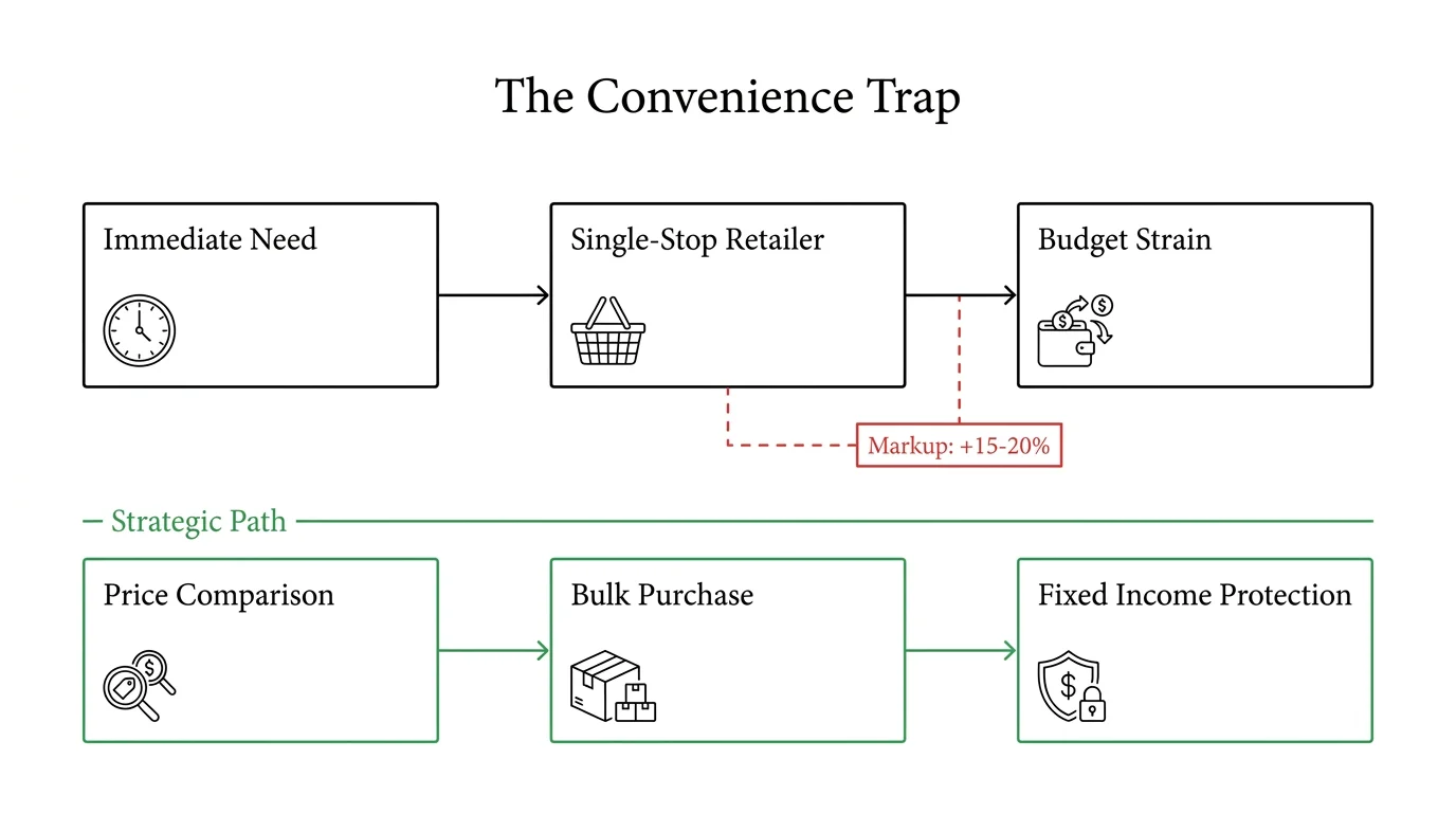 A flowchart titled The Convenience Trap showing how impulsive single-store shopping leads to budget strain.