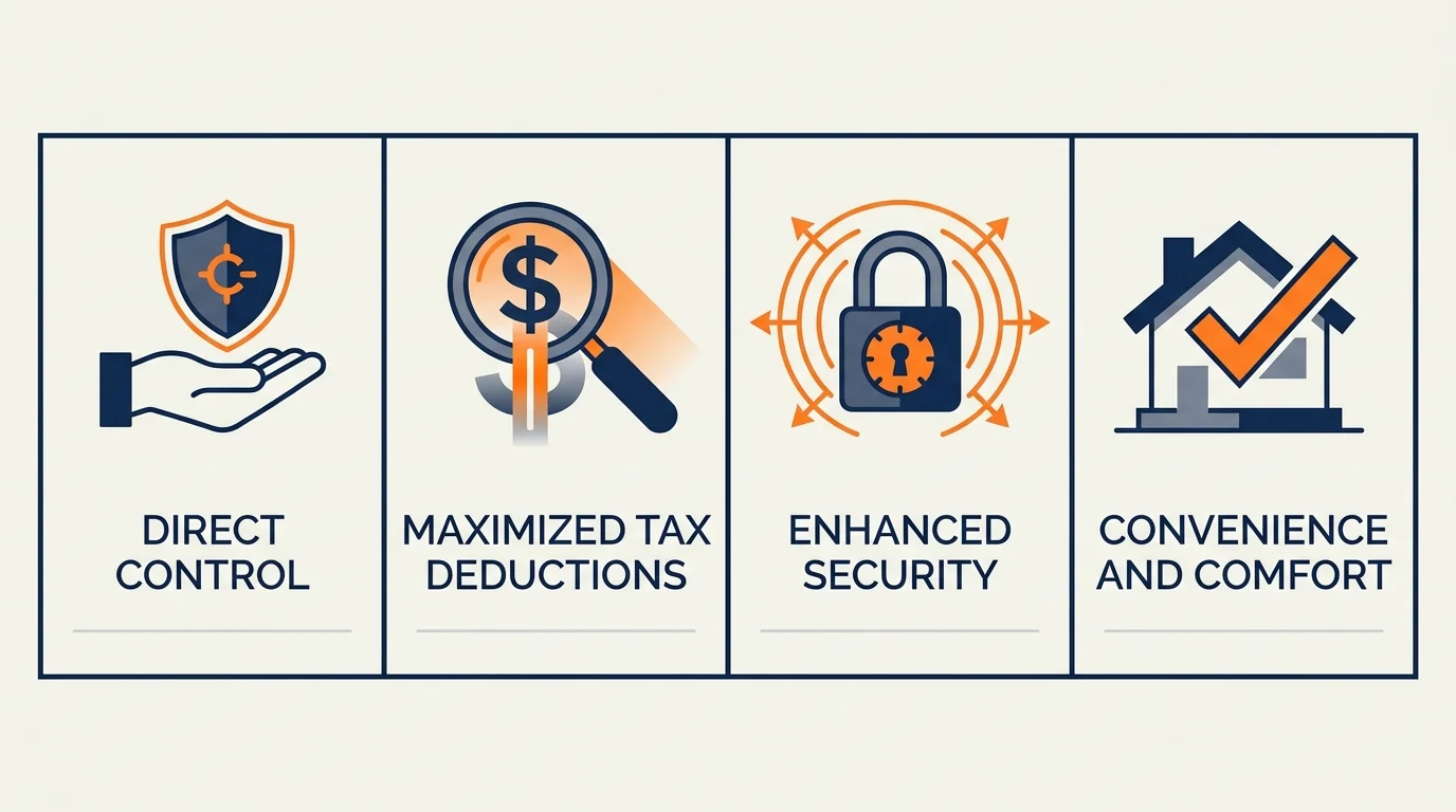A four-panel infographic highlighting the benefits of digital tools for retirees: Direct Control, Tax Deductions, Security, and Convenience.