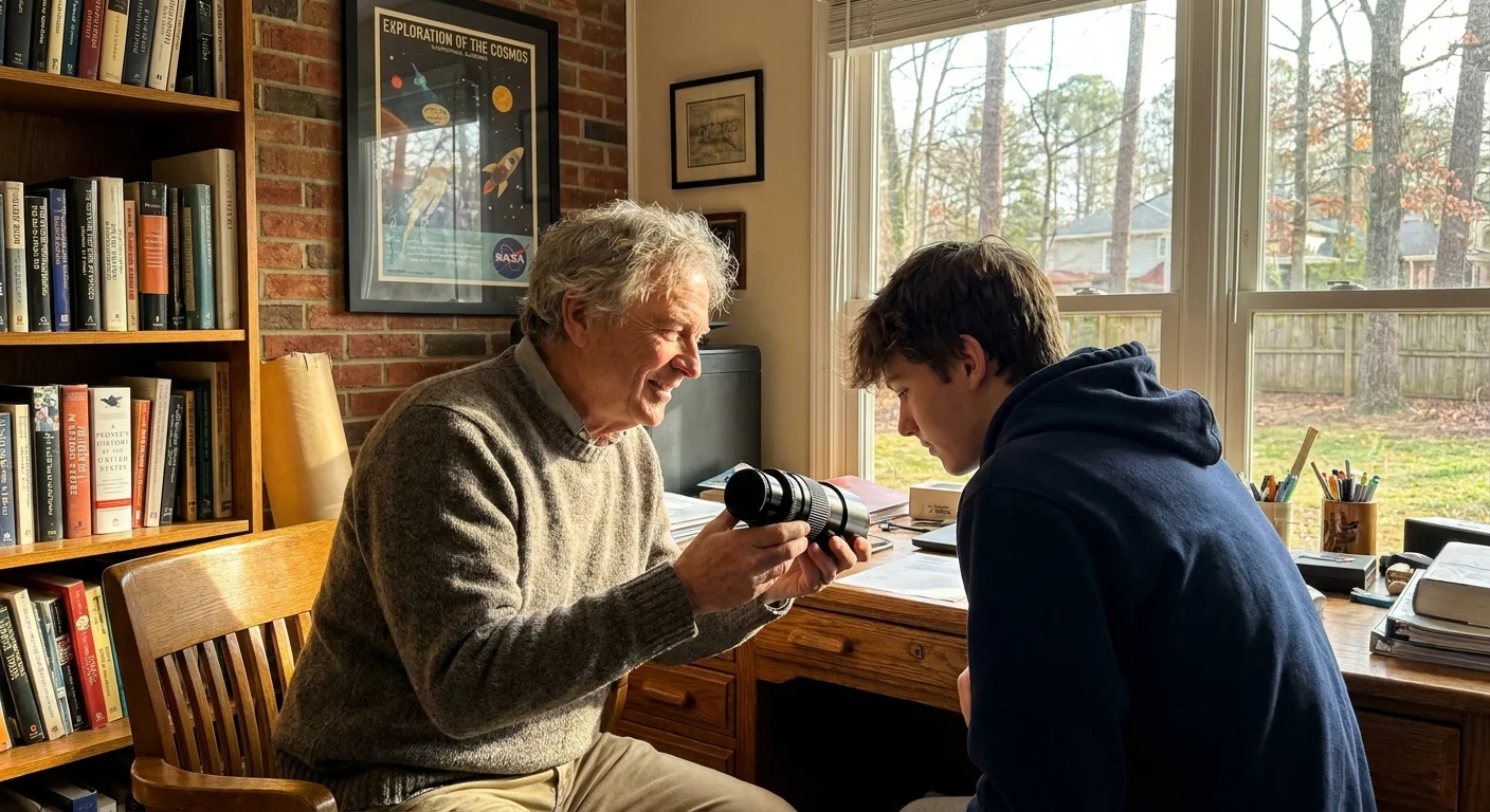 A grandfather and grandson examine a telescope in a home office, symbolizing Huntsville's intellectual and community-focused atmosphere.