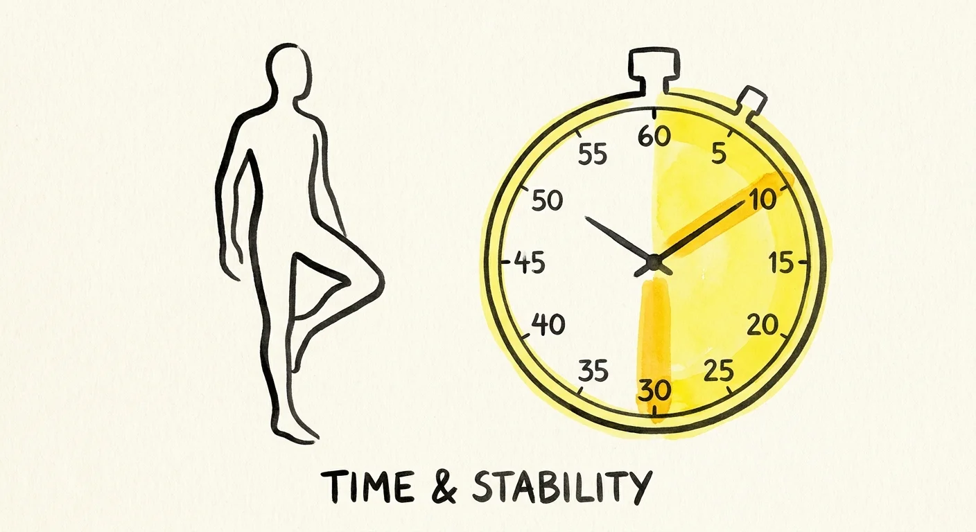 A graphic illustration of a person standing on one leg next to a stopwatch, emphasizing balance over time.