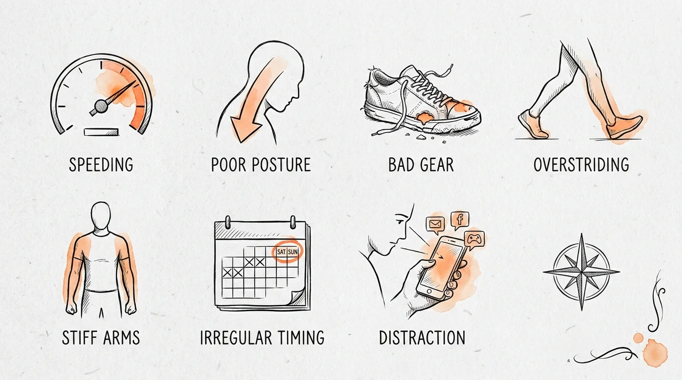 A grid of seven icons summarizing the walking mistakes: speed, posture, shoes, stride, arms, timing, and phone use.