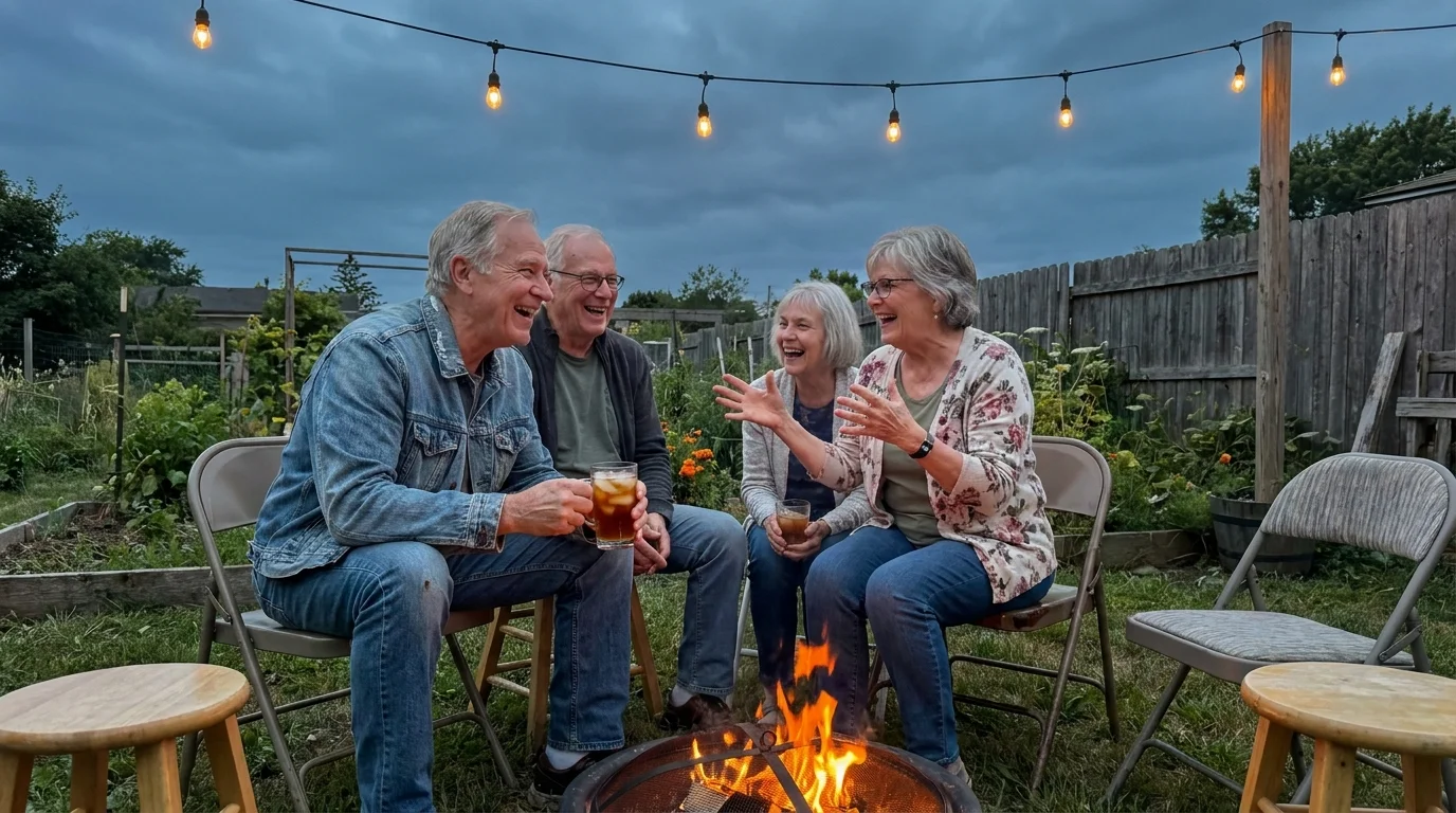 A group of four seniors laughing and talking around a small fire pit in a backyard at twilight.