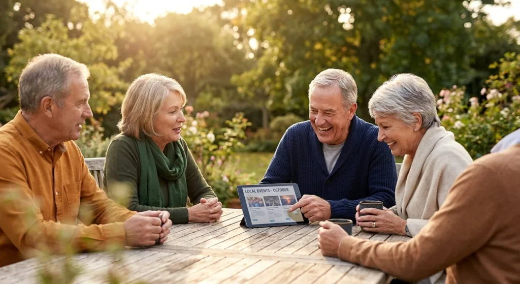 A group of four smiling seniors sitting together at an outdoor table during golden hour, looking at a tablet and laughing.