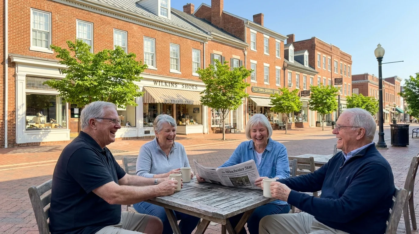 A group of seniors sits at an outdoor cafe on the Loudoun Street Mall in Winchester, Virginia.