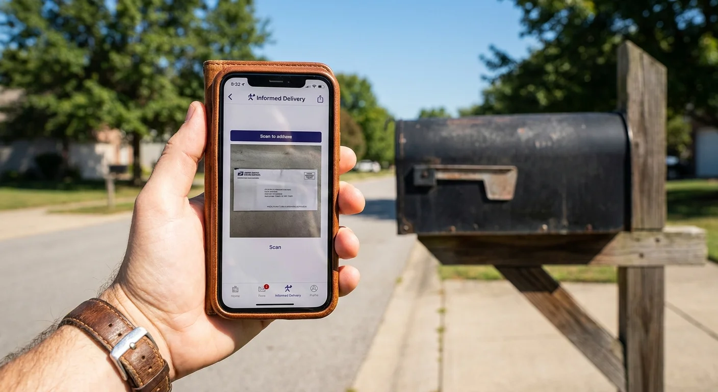 A hand holding a phone that shows a digital preview of mail in front of a real mailbox, demonstrating USPS Informed Delivery.