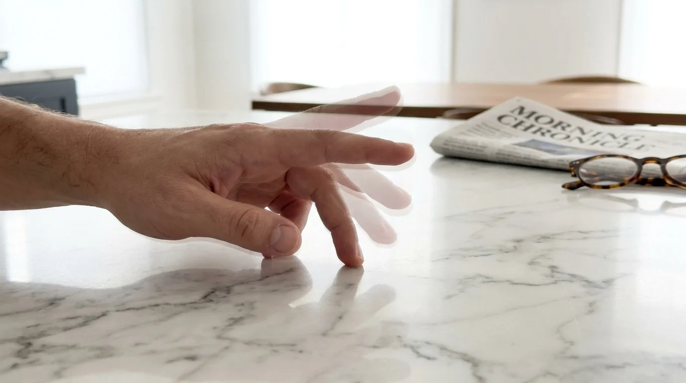 A hand on a marble surface with fingers shown in a tapping motion to improve dexterity.