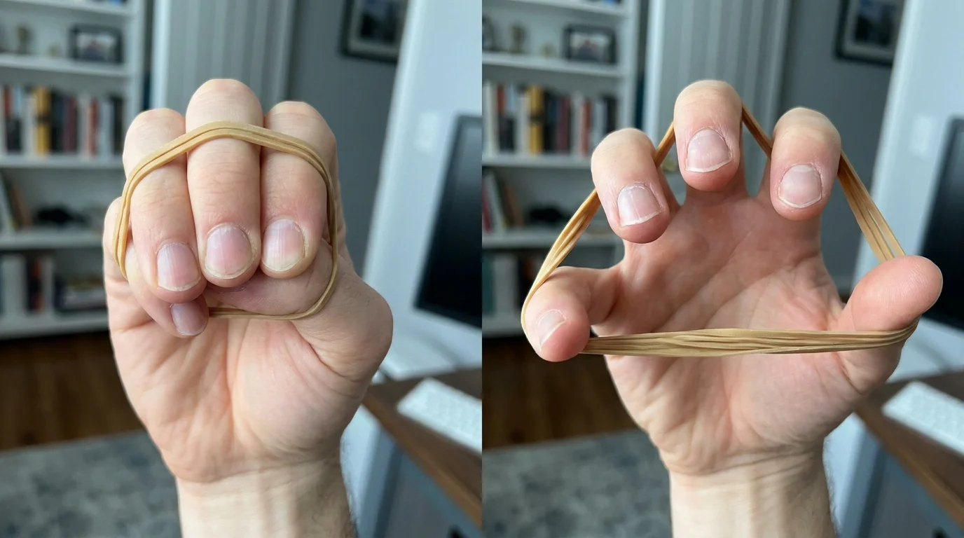 A hand using a rubber band around the fingertips to perform resistance extensions.