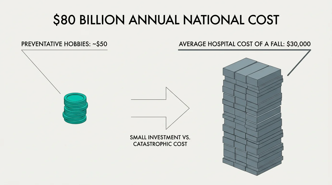 A horizontal diagram comparing the $50 cost of hobbies to the $30,000 average hospital cost of a fall.