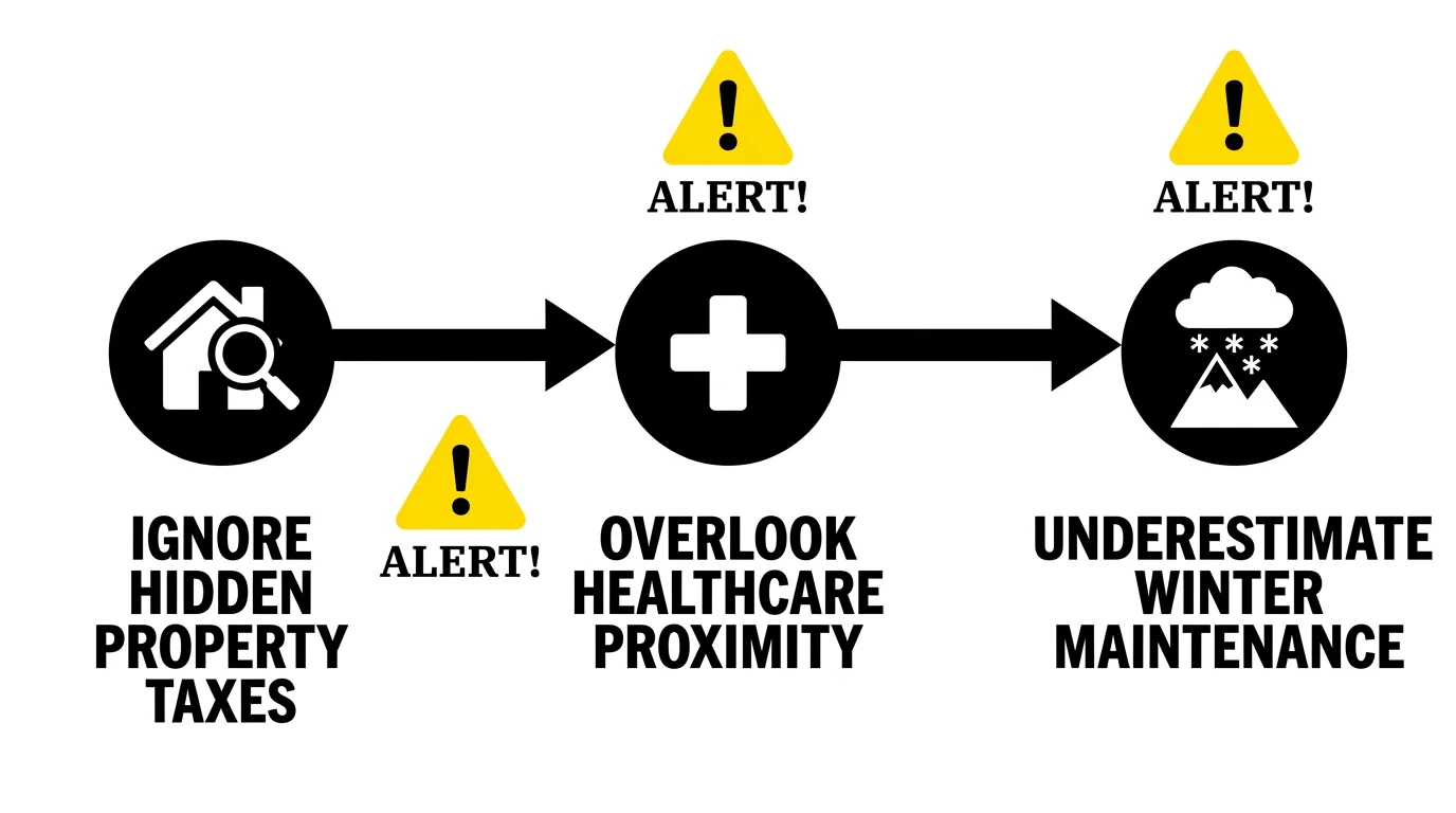 A horizontal flowchart illustrating retirement relocation mistakes like ignoring property taxes or healthcare proximity.