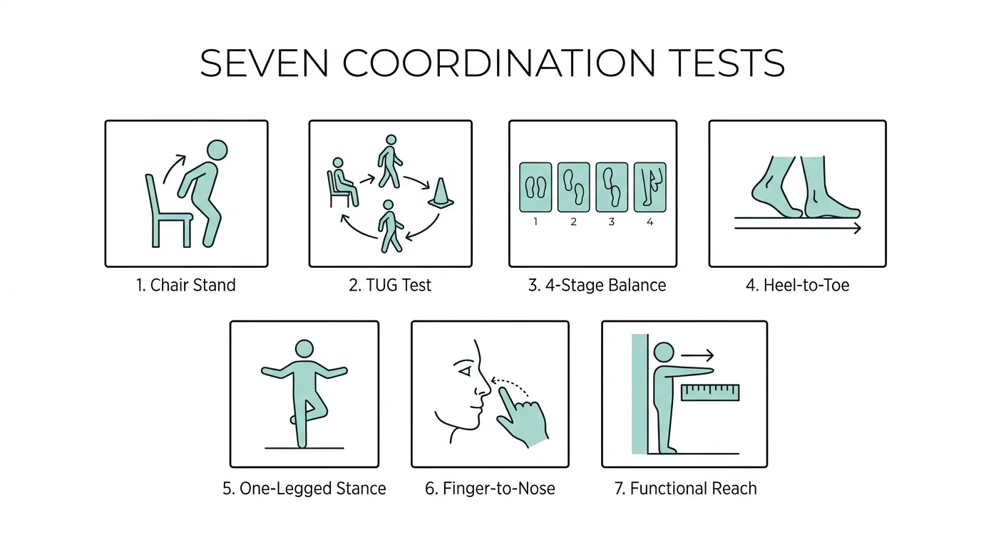 A horizontal grid of icons representing seven different physical coordination tests for seniors.
