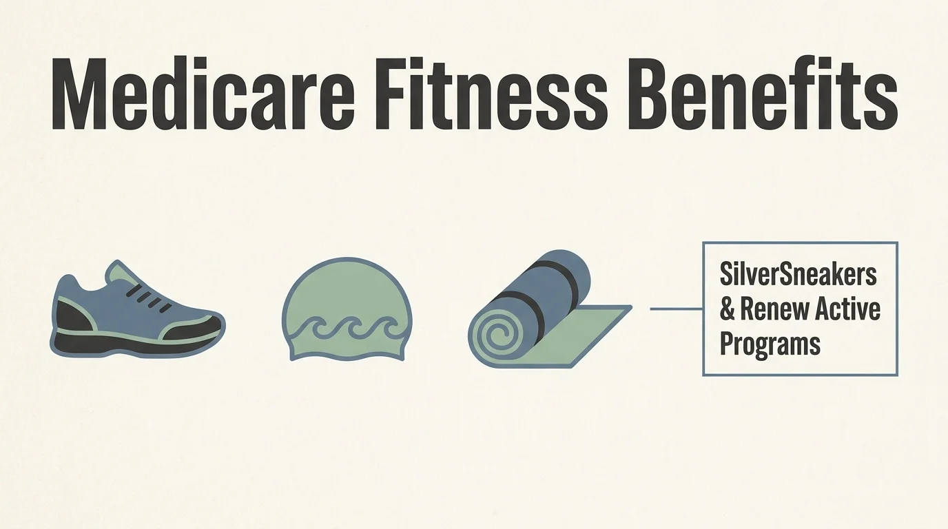 A horizontal infographic showing Medicare fitness benefits like SilverSneakers and morning movement options.