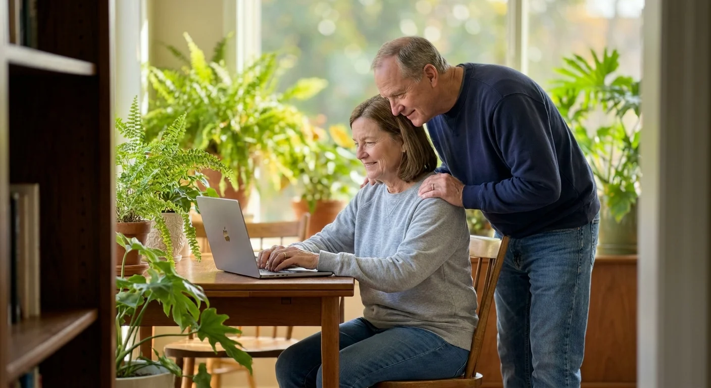 A husband and wife looking at a laptop screen together in a sunlit room, illustrating spousal insurance collaboration.
