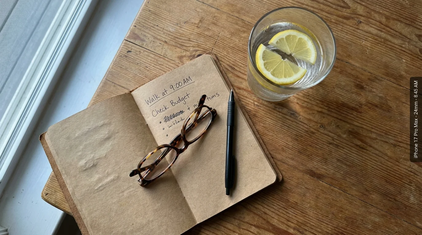 A large glass of lemon water next to a handwritten daily planner on a wooden table.