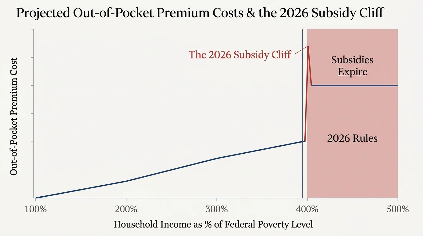 A line chart illustrating the 2026 ACA subsidy cliff where costs spike once income exceeds 400% of the Federal Poverty Level.