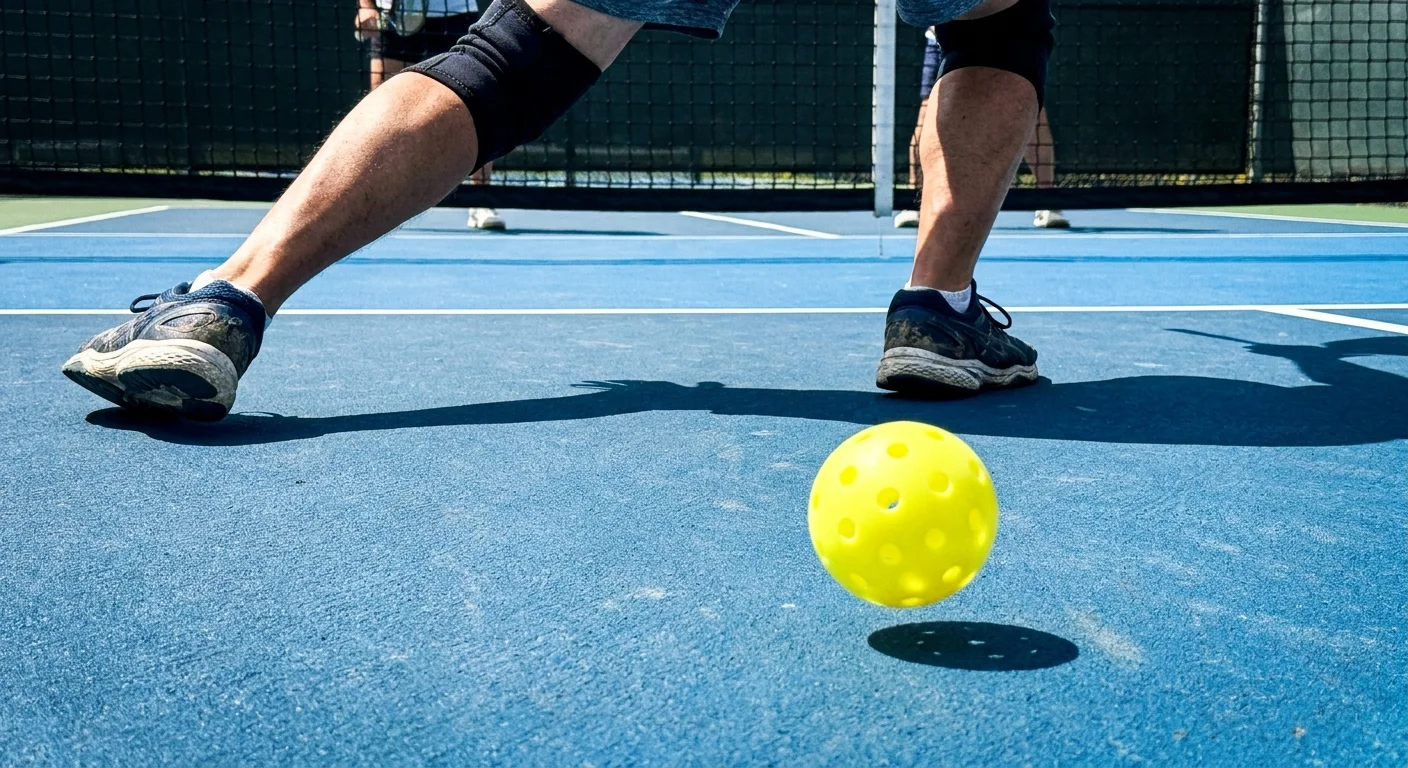 A low-angle action shot of a pickleball match, focusing on the yellow ball and the player's lateral movement.