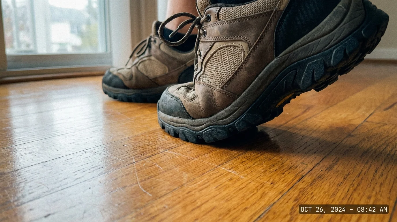 A low-angle shot of sturdy, non-slip walking shoes on a wooden floor.