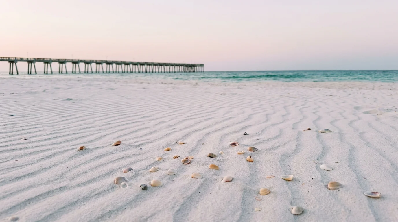 A low-angle shot of white sand beach and a distant fishing pier at dawn in Gulf Shores.