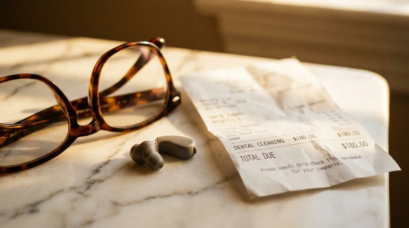 A macro photograph of eyeglasses and a hearing aid on a table, highlighting the out-of-pocket costs of routine sensory care.
