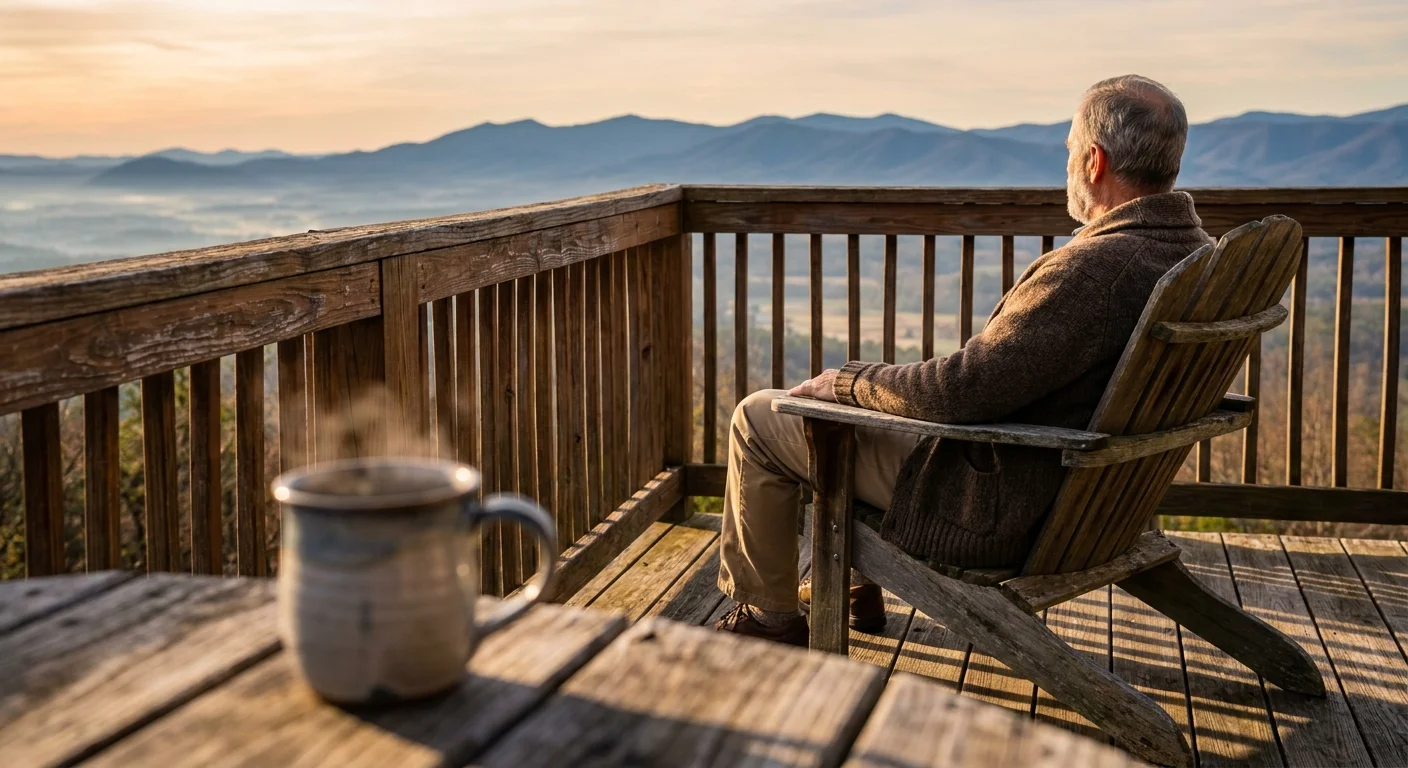 A man in a cardigan sits on a wooden deck in the morning, looking out at a vast, blue mountain range at dawn.