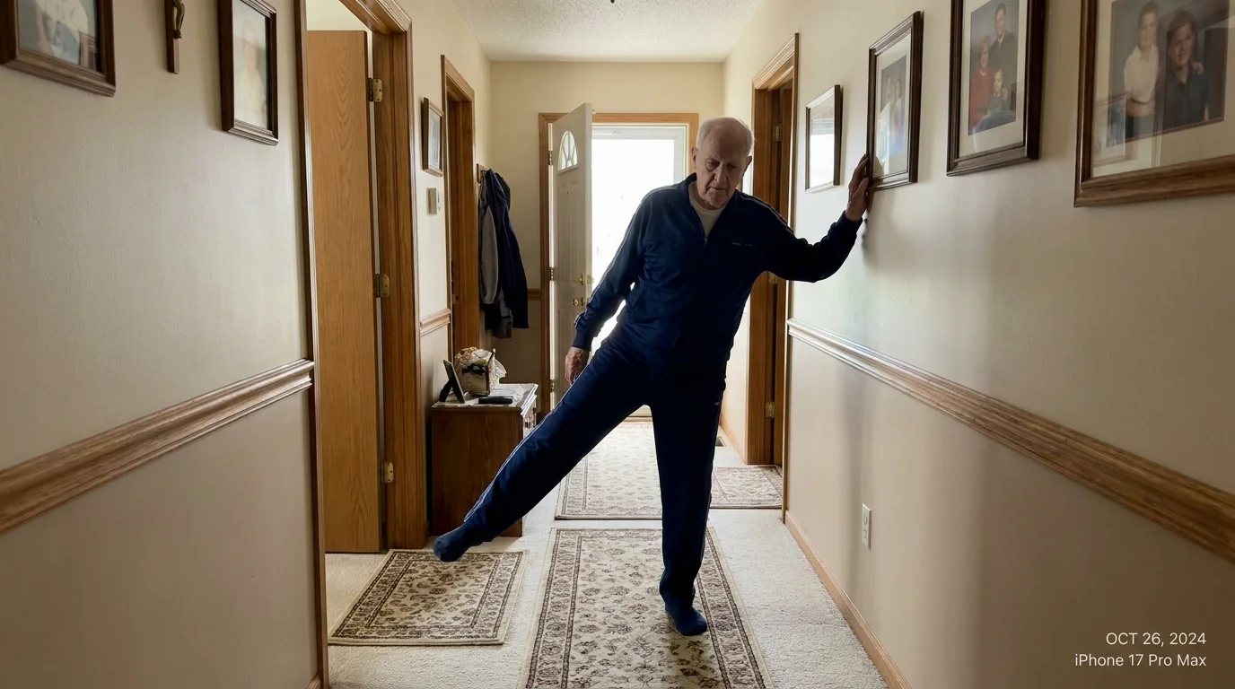 A man in a tracksuit performs side leg raises in a hallway, using the wall for balance.