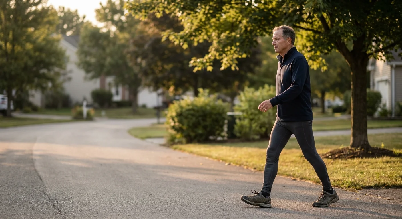 A man in his 60s walking with good posture on a sunny path, illustrating healthy movement.