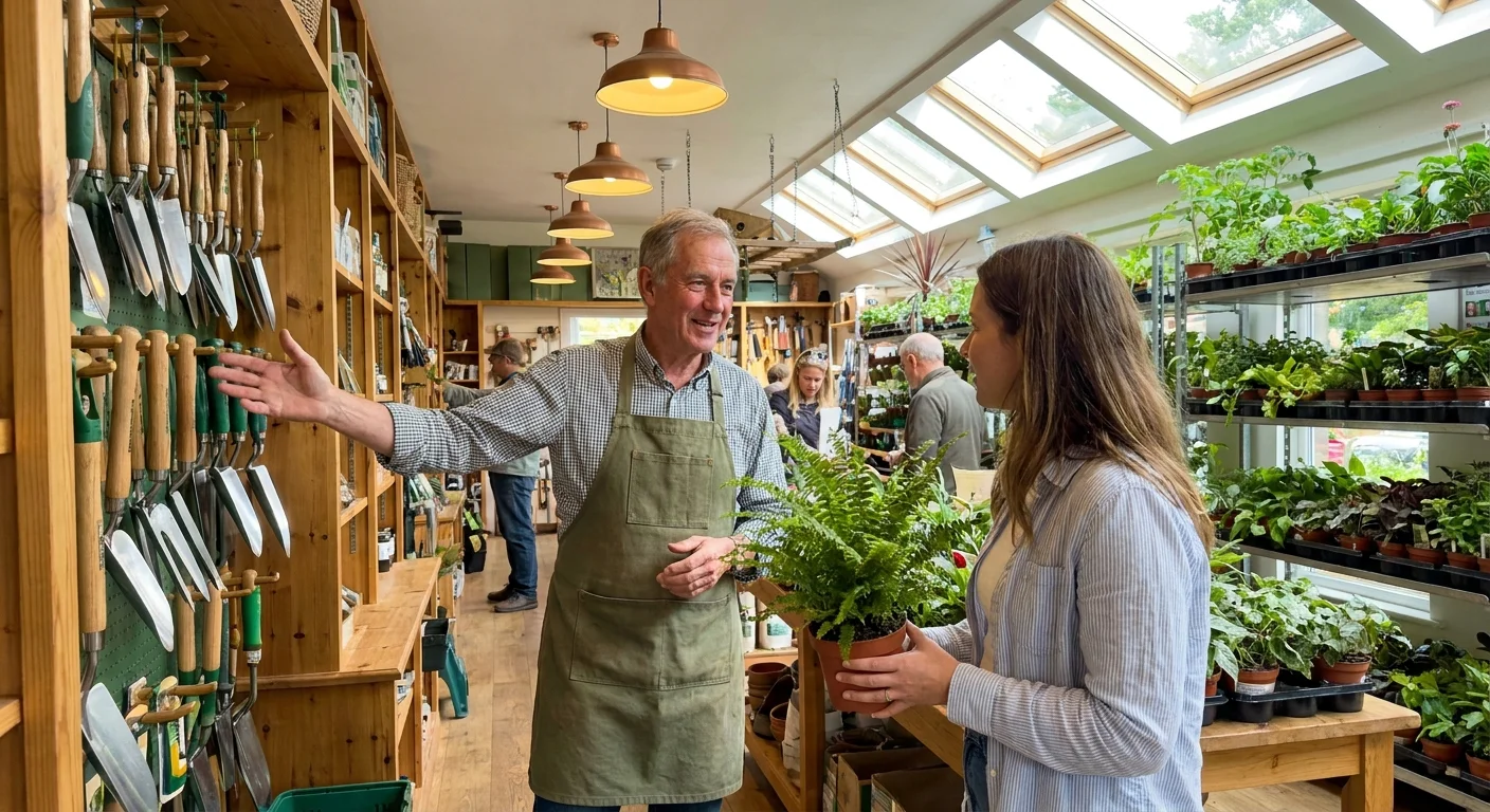 A man in his 60s working part-time at a garden center, illustrating employment for benefits during early retirement.