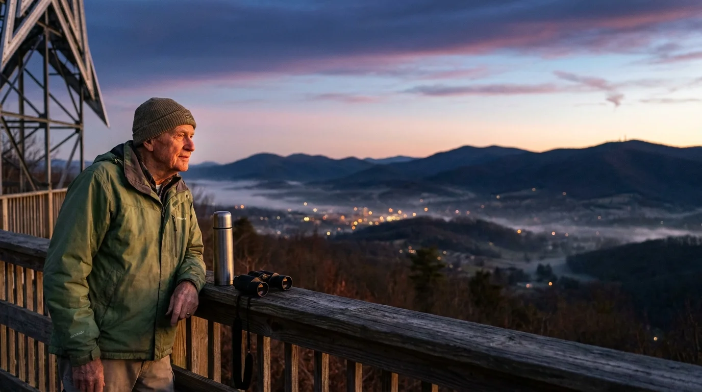 A man looks out over the Blue Ridge Mountains and the city of Roanoke from an overlook at sunrise.