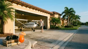 A man polishes a small airplane in his large home garage in a sunny retirement community, with textbooks and a tropical drink nearby.