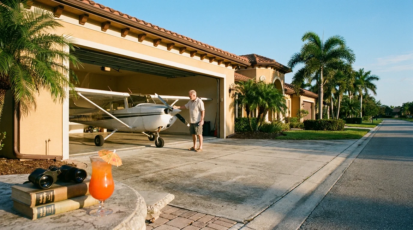 A man polishes a small airplane in his large home garage in a sunny retirement community, with textbooks and a tropical drink nearby.