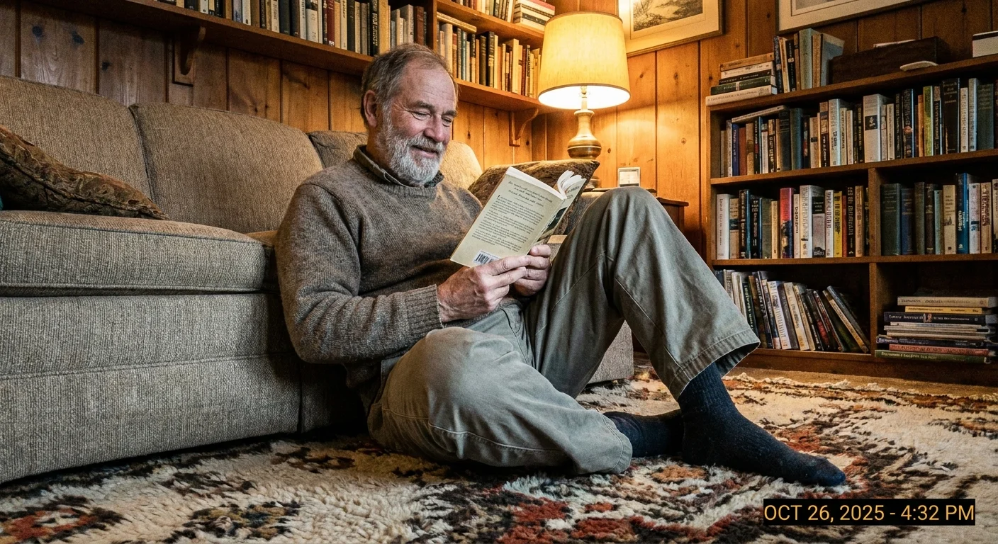 A man sitting in Cobbler's Pose on a rug, leaning against a sofa while reading a book.