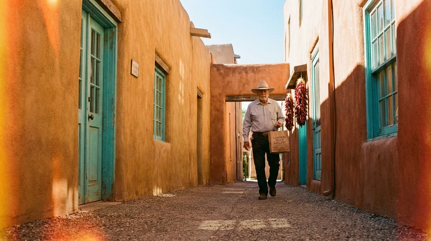 A man walks past traditional adobe buildings in Santa Fe, highlighting the city's unique and walkable architectural character.