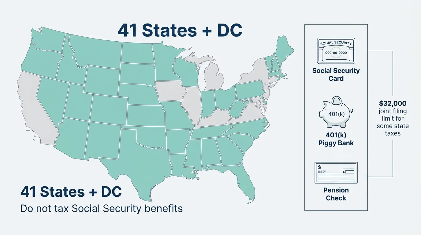 A map-based infographic showing that 41 states and D.C. do not tax Social Security benefits.