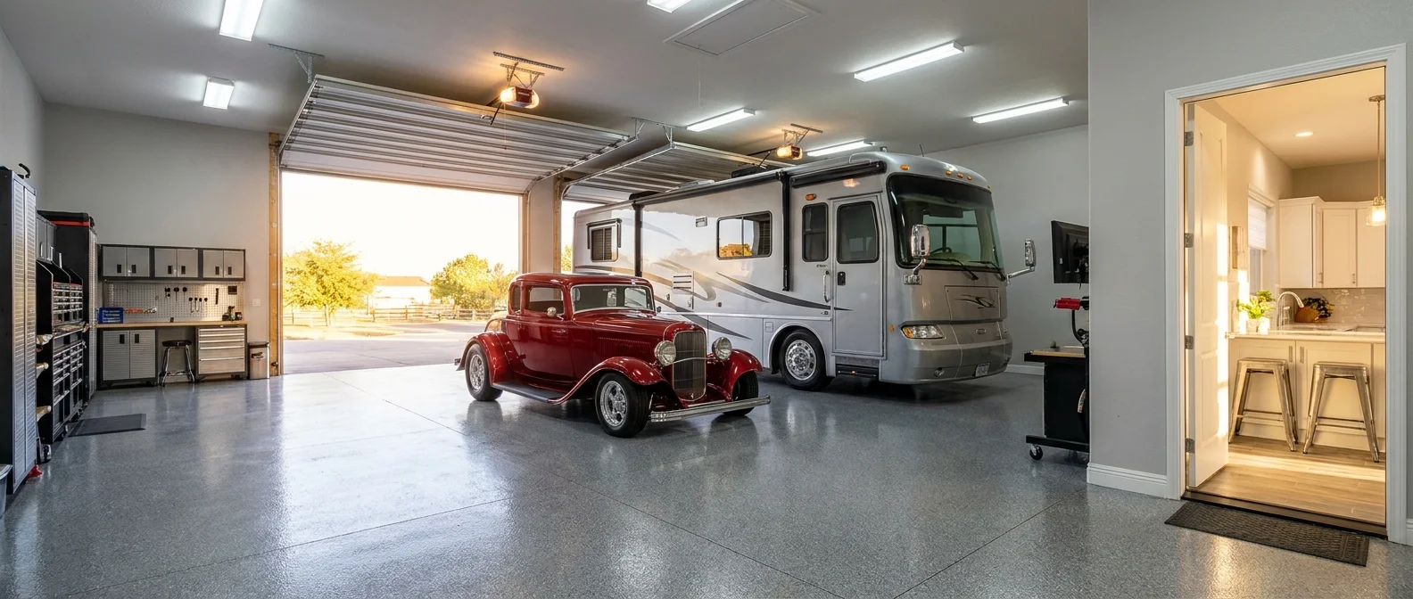 A massive 3,000-square-foot garage at Lake Weir Preserve housing a vintage car and a large motorhome.