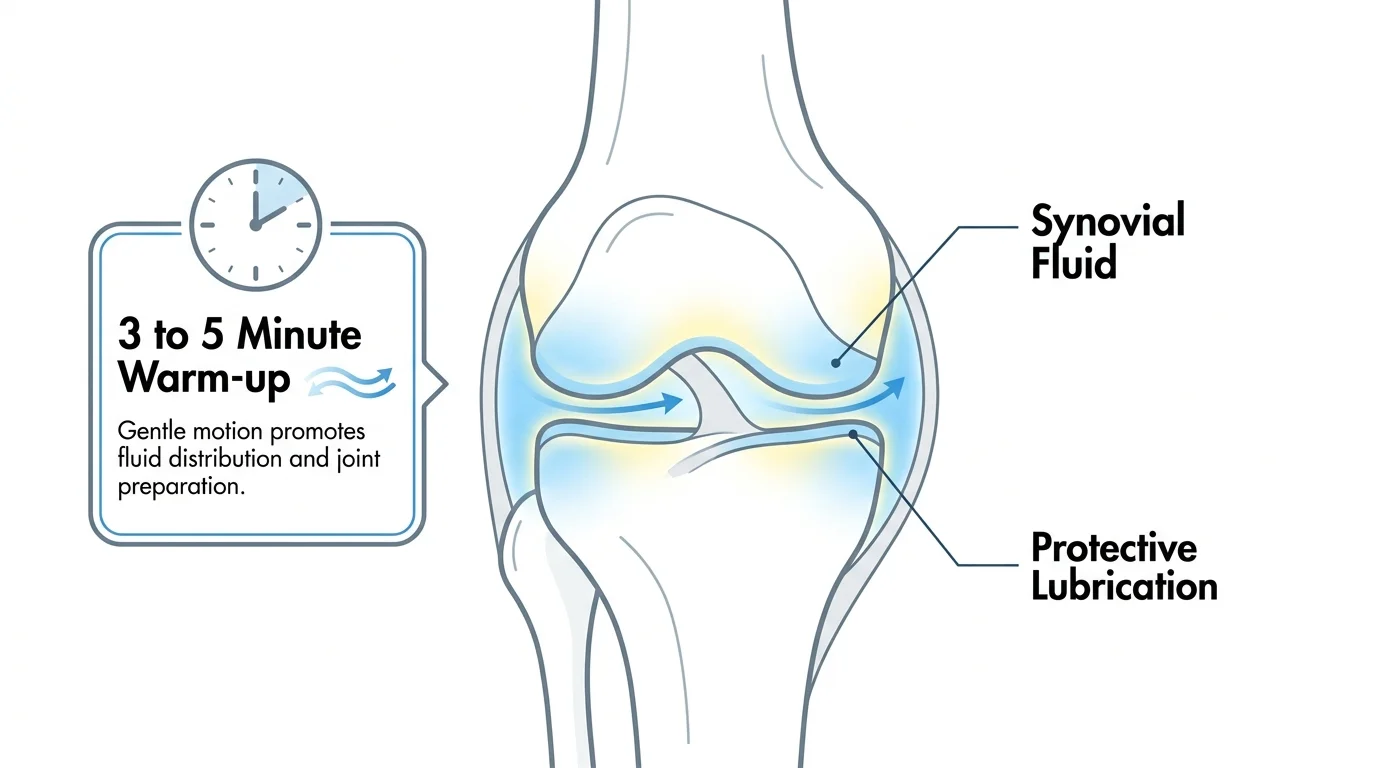 A medical diagram of a knee joint showing synovial fluid lubrication and a 3-5 minute warm-up callout.