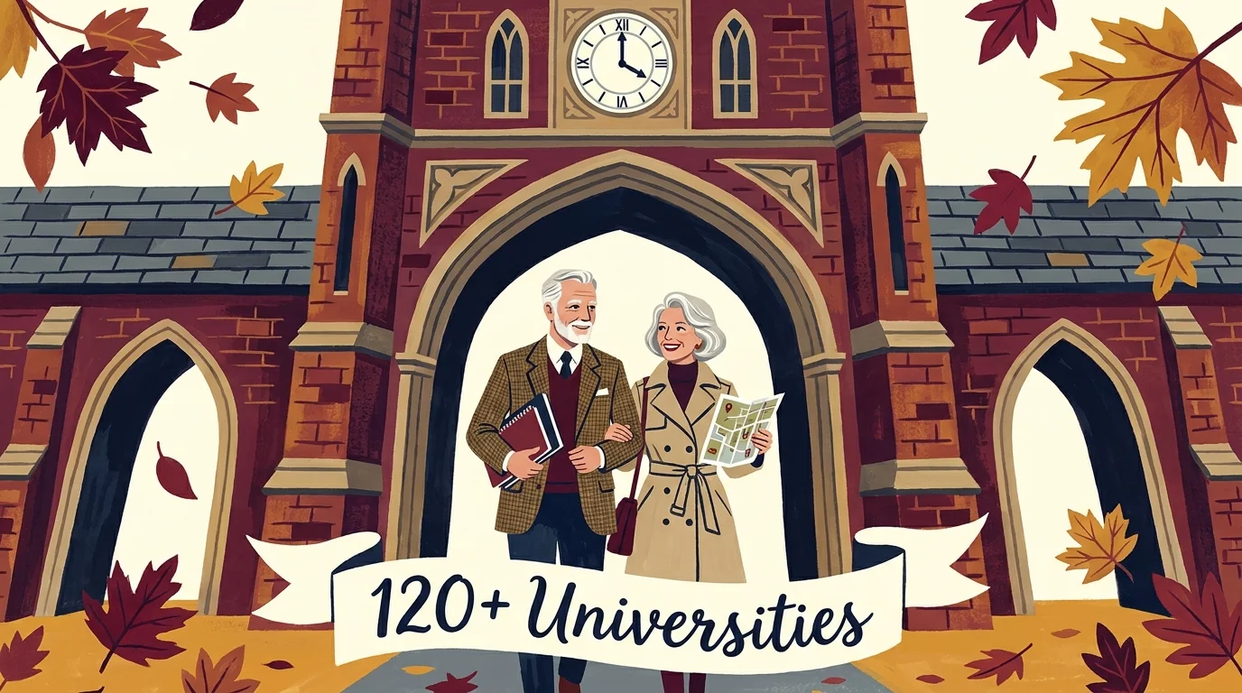 A mid-century style gouache painting of seniors on a university campus with a banner reading '120+ Universities'.