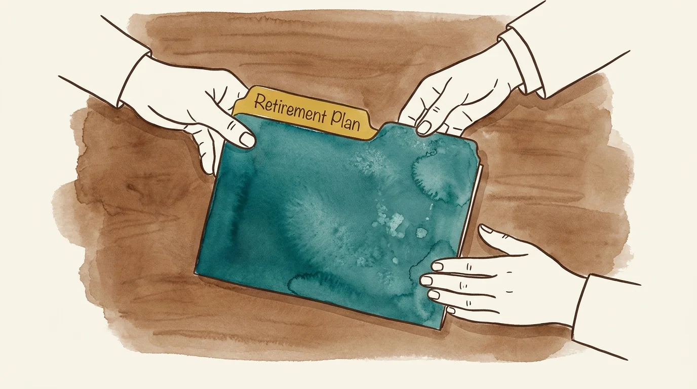 A minimalist illustration of two hands sharing a retirement plan folder, representing professional guidance.