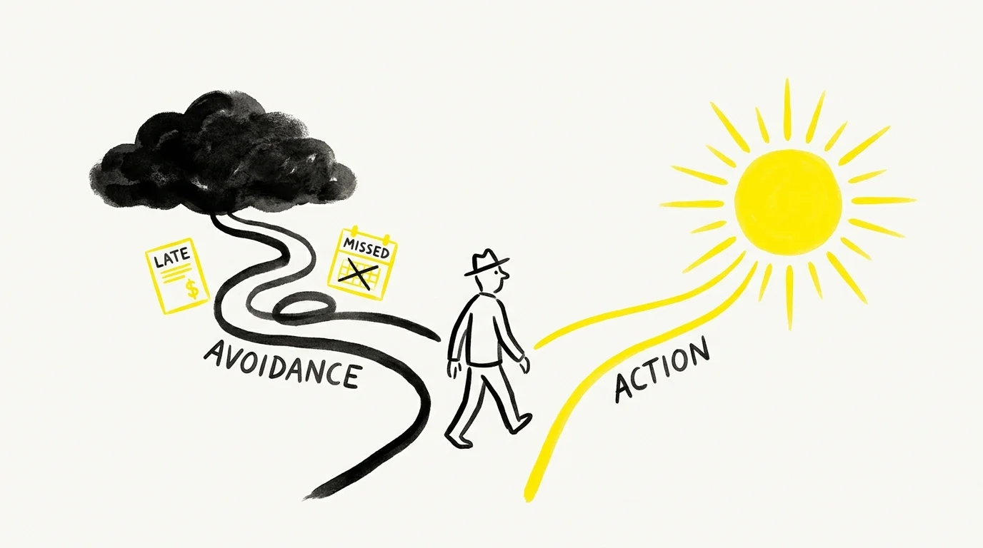A minimalist ink drawing of a person choosing between paths of 'Action' and 'Avoidance' in their health and finances.